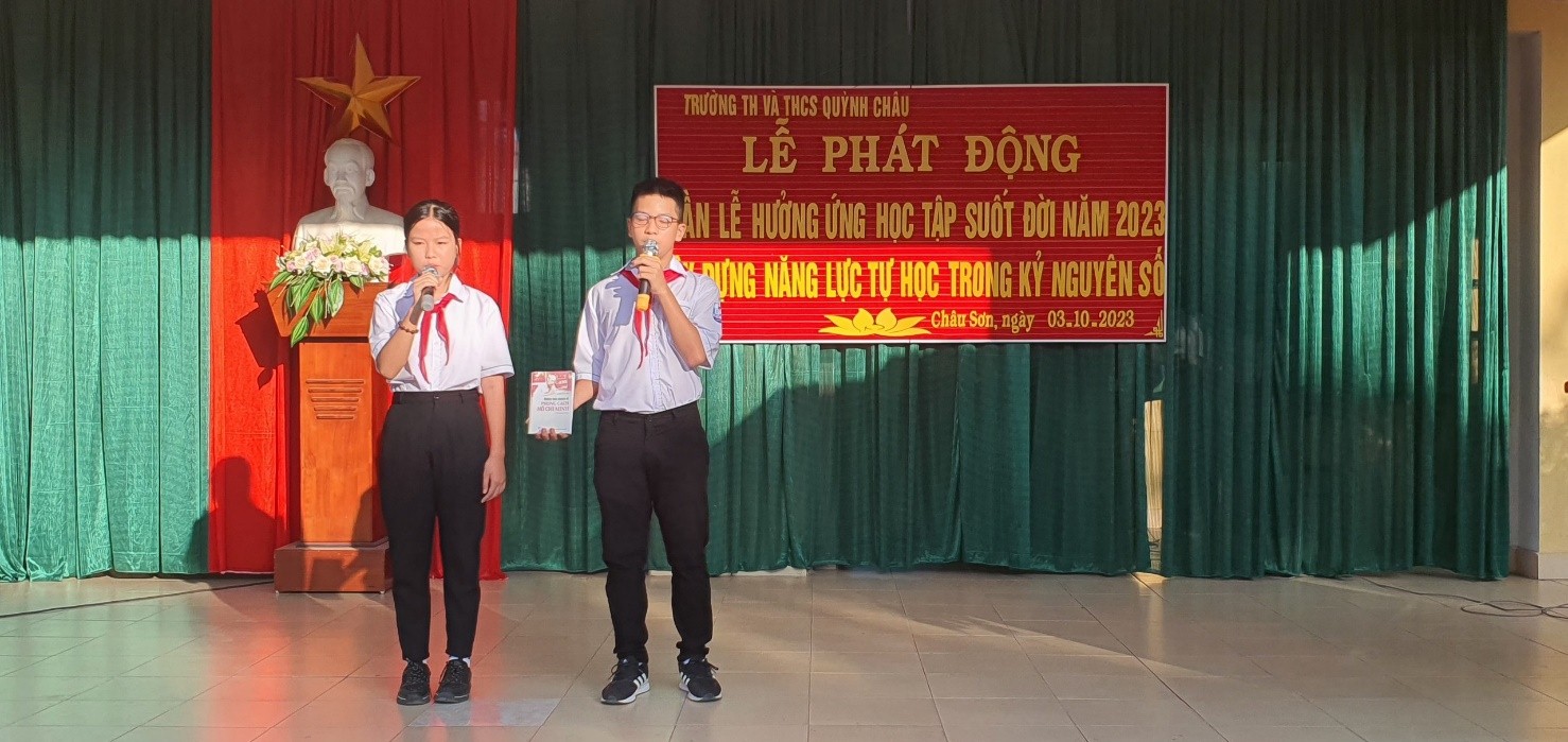 Liên Đội Trường TH&THCS Quỳnh Châu tổ chức lễ phát động  "Tuần lễ hưởng ứng học tập suốt đời năm 2023"  với chủ đề  "|Xây dựng năng lực tự học trong kỷ nguyên số"